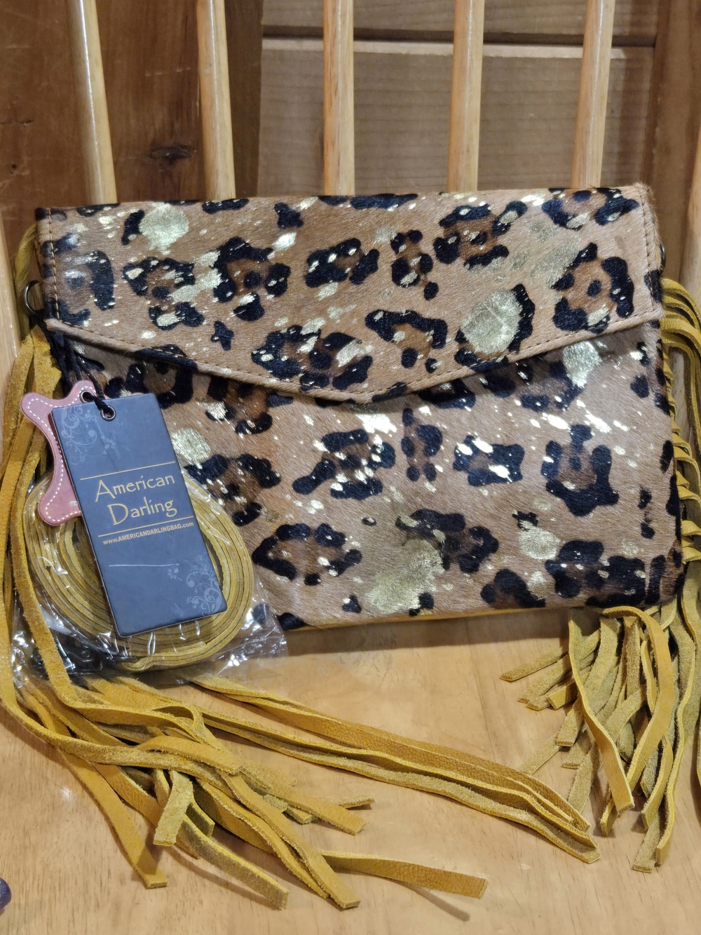 American Darling Leopard Print Fringe Clutch in Tan and Gold NWT